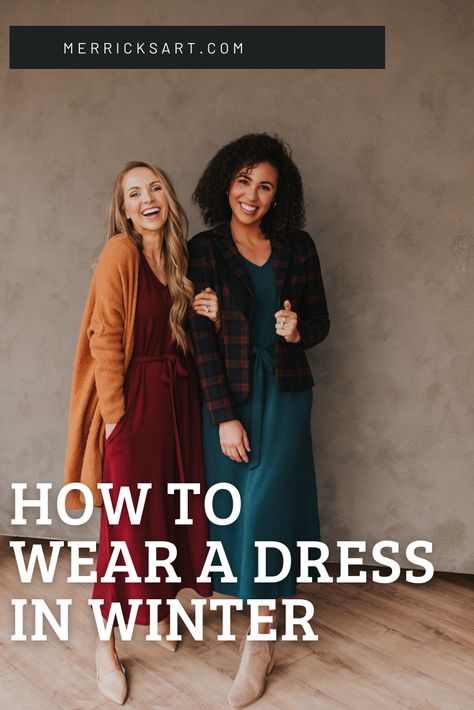 Wrap Dresses For Winter, Christmas Dress Cold Weather, Dress Outfits Winter Classy, Winter Dress Styles For Women, Cute Winter Dresses For Women, Dress With Vest Outfit Winter, Outfit Inspo Winter Dress, Layered Dresses For Winter, Casual Dress For Winter