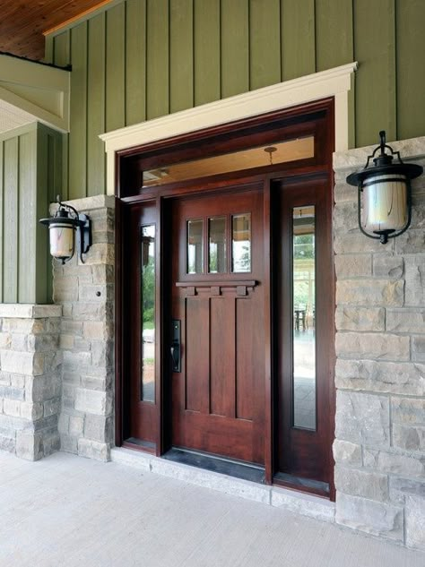 craftsman front door.  Our doors inside our house are like that, minus the glass, but not the front door, just occurred to me now why didn't we do the same for the front when we built our house, of course it would be a larger door and with the glass on the door.  -l.s. Craftsman Front Door, Craftsman Entry, Craftsman Door, Pastel Grunge, Front Door Colors, Craftsmen Homes, Design Exterior, Door Color, Style At Home