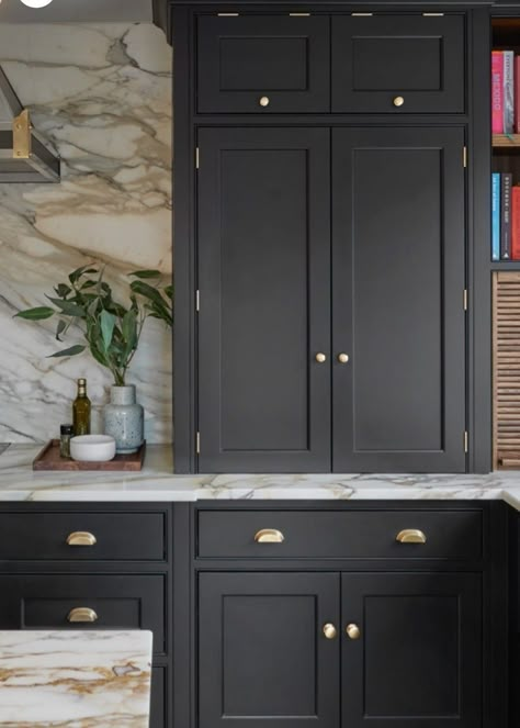 Black Pantry Cabinets, Small Kitchen Black, Iron Ore Kitchen Cabinets, Black Ikea Kitchen, Black Shaker Kitchen, Moss Cottage, Clean Kitchen Design, Black Cabinetry, Luxurious Kitchens