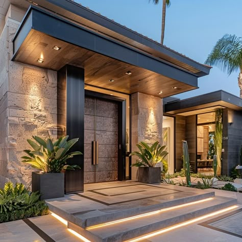 Modern Houses Entrances, Exterior Side Door Entrance, Modern House Gates Entrance, Front Door With Steps Entryway, Arch Entryway Exterior Porches, Indoor Porch Ideas Entrance, Contemporary House Entrance Door, Front House Ideas Entrance, Modern Mexican House Exterior