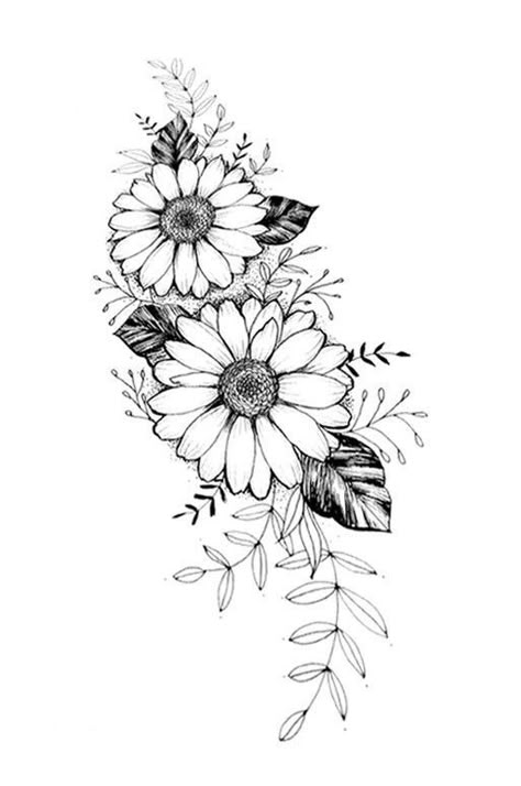 Flower Tattoo Designs Sunflowers, Daisy Sketch Tattoo, Daisy Thigh Tattoo, Daisy Flower Tattoo Designs, Daisy Sleeve Tattoo, Daisy Tatoos, Daisies Tattoo, Daisy Flower Drawing, Daisy Tattoos