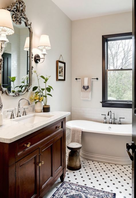 Vintage Modern Bathroom Modern Vintage Bathroom Vanity, Bathroom Ideas Vintage Modern, Federation Style Bathroom, Bathrooms With Silver Fixtures, Classic Style Bathroom Design, Colonial Home Bathroom, Vintage Theme Bathroom Ideas, Classic Colonial Bathroom, Modern Heritage Bathroom