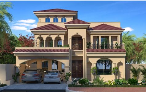 10 Marla Spanish House Elevation, Spanish Villa Home Exterior, Spanish Elevation, Spanish Villa Home, Spanish House Design, 30x50 House Plans, Brick Roof, Cornice Moulding, Door And Window Design