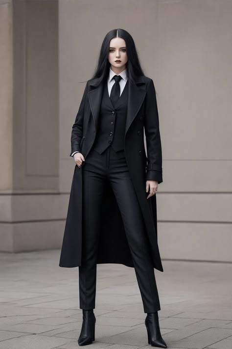 Elegant outfit comprised of sleek black pants, a crisp white blouse, a well-fitted vest, a warm wool coat, a black tie, and pointed-toe boots. Whether you're heading to the office or a formal event, this outfit expresses sophistication and elegance. Formal Vest Outfits For Women, Formal Outfits For Women Events, Women In Suits Aesthetic, Black Suit Outfit, Black Suit For Women, Black Tie Event Outfit, Gothic Suit, Gothic Japanese, Black Coat Outfit