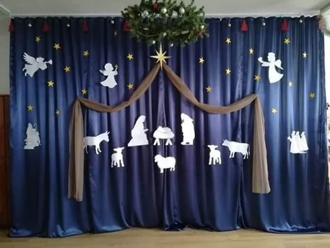 Christmas Stage Decorations, Recycled Christmas Decorations, Church Christmas Party, Christmas Party Backdrop, Ward Christmas Party, Church Christmas Decorations, Christmas Stage, Christmas Door Decoration, Christmas Bulletin