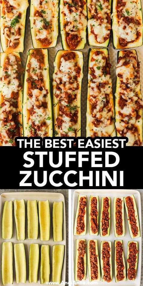 Indulge in these savory stuffed zucchini boats filled with a delicious ground beef filling. This baked recipe is a healthy and hearty option for dinner. It's a simple way to get the family to eat their vegetables without sacrificing flavor! #easydinner #dinner #supper #easyrecipes #easycooking #zucchinirecipes #familyrecipes #dinnerideas #andianne Healthy Things To Make With Zucchini, Easy Zucchini Boats Beef, Keto Zucchini Boat Recipes, Simple Dinner Recipes For Two Cheap, Zucchini Boats Ground Chicken, Zucchini Recipes Boats, Healthy Meals Made With Ground Beef, Ground Beef And Zucchini Recipes Easy Dinners, Ground Sausage Zucchini Recipes