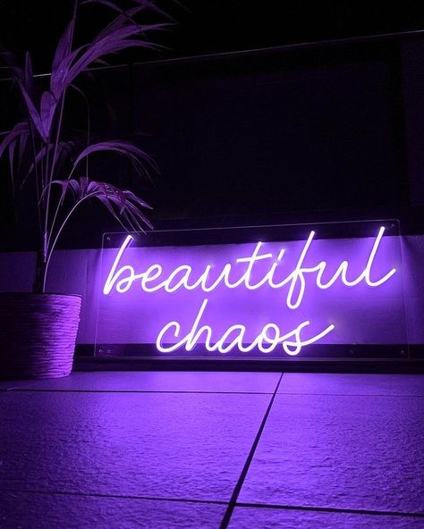 Purple aesthetic neon sign "beautiful chaos" on a wall Neon Signs Purple, Purple Aesthetic Neon Signs, 2024 Purple Aesthetic, Purple Chaos Aesthetic, Happy Purple Aesthetic, Purple Vision Board Ideas, Beautiful Chaos Aesthetic, Kiran Core, Quotes Aesthetic Neon