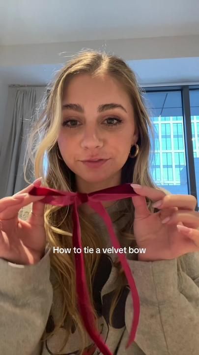 Look at me so informational #christmas #velvetbows #christmastrends #b... | How To Tie A Bow | TikTok How To Tie A Ribbon In Your Hair, How To Tie Velvet Ribbon Bow, How To Tie A Velvet Ribbon Bow, How To Tie A Bow With Ribbon For Hair, How To Tie Bows With Ribbon, How To Tie A Bow With Ribbon, How To Tie A Bow, Tie Bows With Ribbon, Tying A Bow