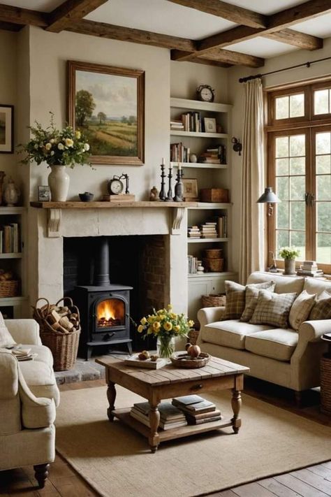 Minimalist Country Cottage, Scandi Cottage Living Room, Minimalist Country Living Room, Modern Cottage Decor Living Room, Offset Fireplace Living Rooms, Cosy Family Room, Cottage Interiors Living Rooms, Scandinavian Cottage Interior, Wood Burning Stoves Living Room