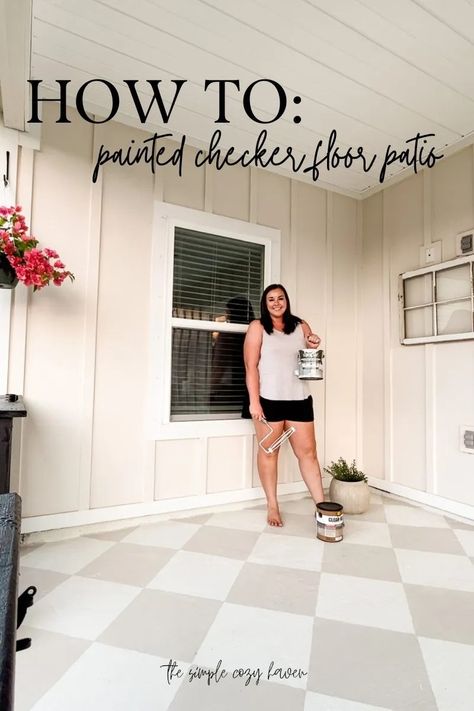 How to: Painted Checker Floor Patio - The Simple Cozy Haven Sunroom Flooring Ideas, Diy Picture Frame Molding, Diy Range Hood Cover, Diy Banquette Seating, Diy Range Hood, Checker Floor, Diy Banquette, Painted Porch Floors, Painting Basement Floors