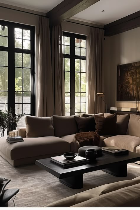 How The Quiet Luxury Trend Is Influencing Interior Design Brown Cushions Living Room, Brown Tones Living Room, Quiet Luxury Interior Design, Tailored Sofa, Brown Sofa Living Room Ideas, Beige Living Room Ideas, Luxury Interior Design Living Room, Silk Drapes, Linen Cushions