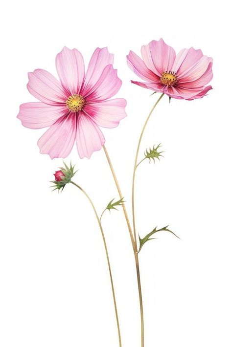 Flower Illustration Watercolor, Flower Elements, Flowers Simple, Watercolor Flower Composition, Cosmo Flower Drawing, Pink Flowers Drawing, Cosmos Drawing, Single Flowers, Illustration Flower