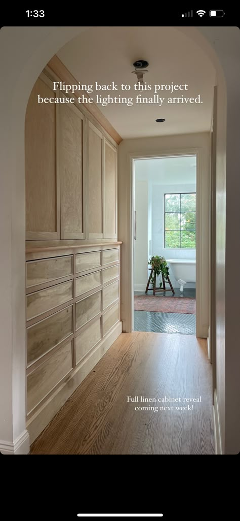 Hallway With Built In Cabinets, Diy Builtin Cabinet, Beaded Cabinet Doors, Dresser Into Cabinet, Wall Of Drawers, Custom Linen Closet, Hallway Built In Cabinets, Linen Cabinet Hallway, Built In Linen Cabinet