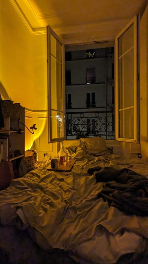 Night in Paris, aesthetic, bedroom, bed , yellow light, sunset light Paris Apartment Aesthetic Night, Chill Aesthetic Vibes Night Bedroom, Dark Room Aesthetic Bedroom Night, One Bedroom Apartment Aesthetic, Apartment Night Aesthetic, Nighttime Aesthetic Bedroom, Paris Aesthetic Apartment, Late Night Aesthetic Bedroom, Apartment Window View