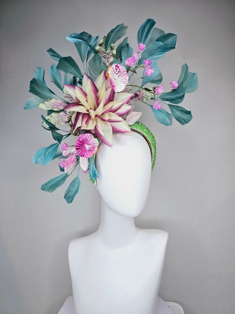 Kentucky Derby Hat Fascinator Lime Green Beaded Headband With Cream Purple Silk Flowers and Pink Flowers and Teal Feathers - Etsy Floral Fascinators, Derby Hats Fascinators, Derby Outfits, Kentucky Derby Hat, Beaded Headband, Purple Silk, Fascinator Hats, Derby Hats, Ethereal Beauty