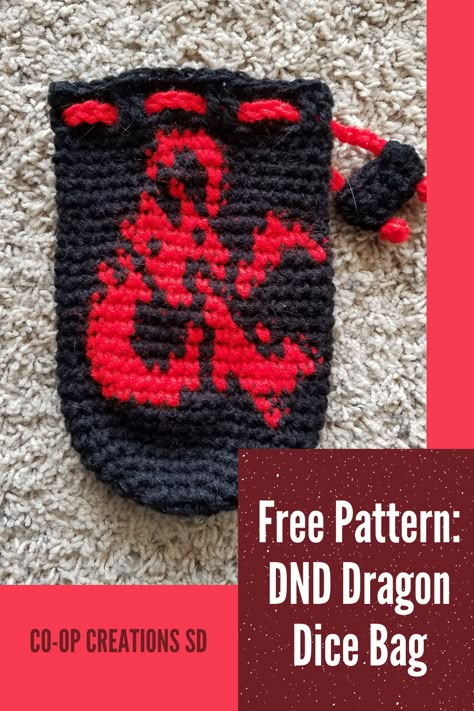 Dnd Crochet, Geeky Crochet Patterns, Dragon Dice Bag, Crochet D, Dice Bags, Dragon Graphic, Free Pattern Crochet, Dungeons And Dragons Dice, Crochet Dragon