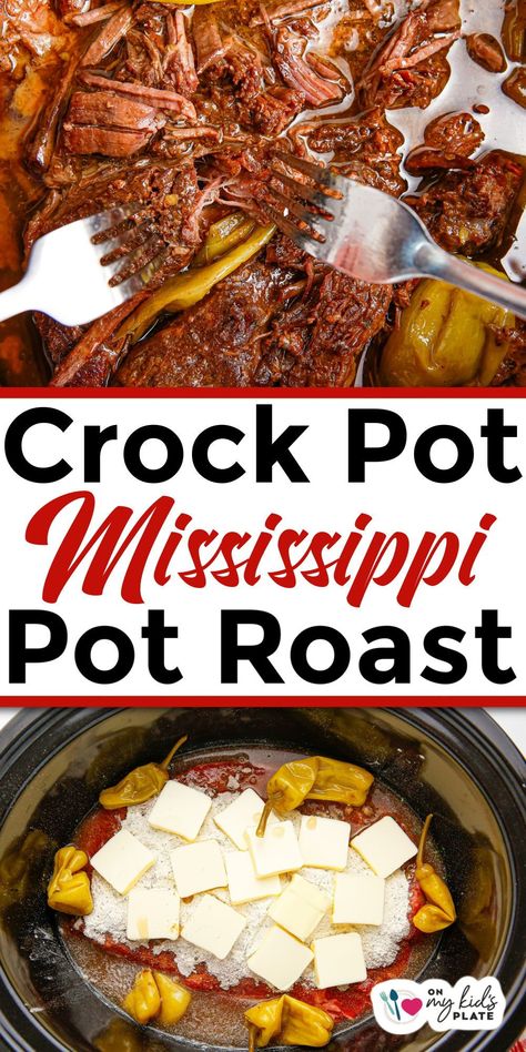 Flavorful and tender Mississippi Pot Roast is slow-cooked to perfection in the crockpot. This is the best beef roast you will ever taste, the whole family will lick the plate clean with this tender roast! Mississippi Roast Crock Pot, Crock Pot Mississippi Pot Roast, Mississippi Pot Roast Recipe, Slow Cooker Mississippi Pot Roast, Pot Roast Crock Pot Recipes, Mississippi Roast, Soup Crockpot, Vegetarian Crockpot Recipes, Pot Roast Recipe