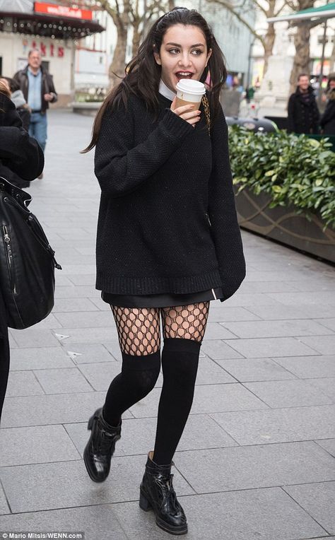 Plenty to smile about: Charli XCX stepped out in a typically racy fashion as she grabbed a coffee in central London on Friday morning after an appearance at Capital FM Knee Socks Outfits, Knee High Socks Outfit, High Socks Outfits, Sock Outfits, Marmaris, Thigh High Socks, Fishnet Tights, Friday Morning, Fishnet Stockings