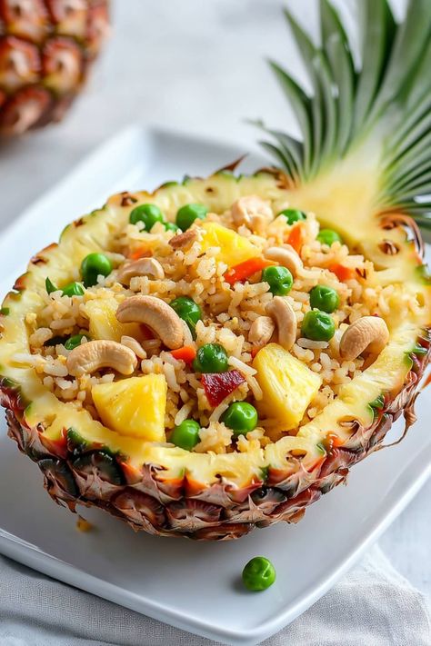 This Thai pineapple fried rice is bursting with tropical flavor! The medley of rice, peas, carrots, pineapple, and cashews is a true taste explosion. Hawaiian Party Food, Thai Pineapple Fried Rice, Pineapple Shrimp, Rice Peas, Pineapple Fried Rice, Cooking Jasmine Rice, I Am Hungry, Shrimp Fried Rice, Roasted Cashews