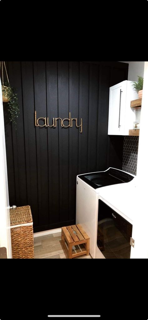 Black Beadboard, Mudroom Makeover, Hgtv Designers, Laundry Room Wallpaper, Laundry Room Closet, Fox Home, Laundry Closet, Black Tiles, Small Laundry