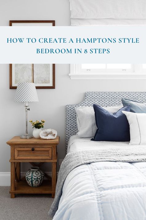 Hamptons style bedroom with blue and white colour scheme. Hamptons Bedroom Ideas, Coastal Hamptons Bedroom, Hamptons Bedrooms, Hampton Bedroom Ideas, Hamptons Style Bedrooms, Hamptons Style Bedroom, Hampton Bedroom, Modern Hamptons Style, Hamptons Bedroom