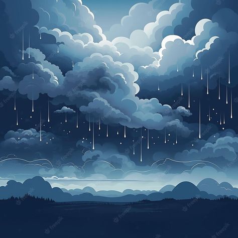 Night Sky Raining, Clouds And Rain Drawing, Weather Painting Art, Storm Clouds Illustration, Rain Clouds Drawing, Rain Aesthetic Drawing, Rain Art Drawings, Paintings Of Rain, Clouds Art Drawing