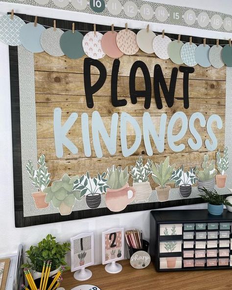 Plant Decor Classroom Ideas, Boho Classroom Door Decorations, Plants In The Classroom Decor, Plant Classroom Bulletin Board, Green Preschool Classroom, Green Plant Classroom Decor, Green And Pink Classroom Decor, Classroom Door Ideas Boho, Awesome Classroom Decor