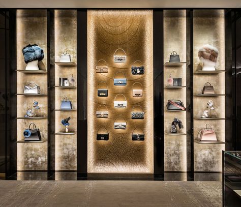 Fendi Shop, Shoe Store Design, Handbag Display, Fendi Store, Italian Furniture Design, Retail Store Interior Design, Unique Interior Design, Bag Display, Showroom Design