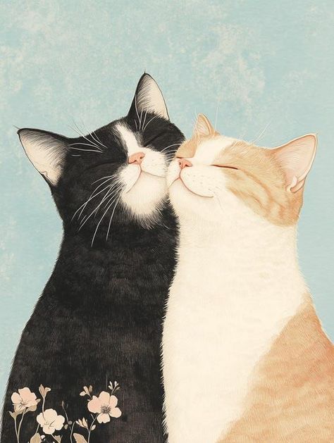 Adorable Cat Couple Canvas Print Inspired by Contemporary Art for Home Decor and Animal Lovers Digital Download by CustomCanvasCurators 🐾 Calling all cat lovers! Check out this charming artwork capturing the adorable bond between two feline friends. With its lifelike details and whimsical floral elements, it's the purr-fect addition to any wall art collection. Whether you're a cozy cat enthusiast or looking to add some joy to your space, this piece is guaranteed to spark joy and conversatio... Cat Portraits Illustration, 2 Cats Illustration, 2 Cats Painting, Two Cats Illustration, Cozy Illustration Art, Two Cats Painting, 2 Cats Together, Cats Sitting Together, Cats Art Illustration