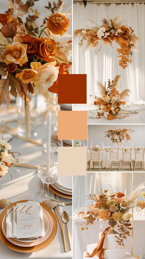 Embrace the essence of modern chic this fall with sleek lines, metallic accents, and minimalist elegance. Infuse your wedding with contemporary flair amidst the rich colors of autumn for a celebration that’s both sophisticated and timeless. Fall Wedding Themes, Fall Wedding Planning, Autumn Wedding Decor, Unique Fall Wedding, Orange Wedding Decorations, Orange Wedding Themes, Modern Wedding Theme, Deco Orange, Rusting Wedding