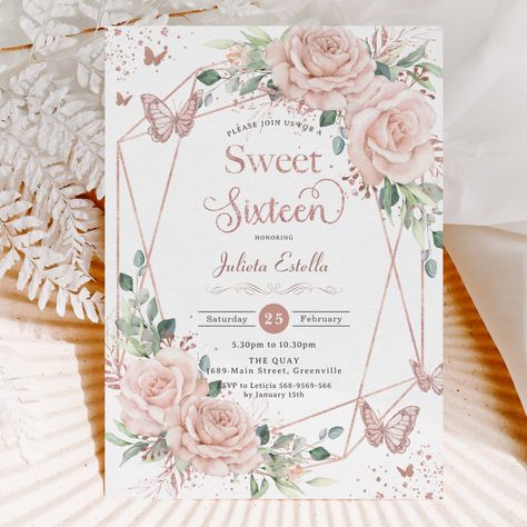 Pink Sweet 16 Invitations, Butterfly Sweet 16, Quinceañera Party Ideas, Gold Sweet 16, Pink Sweet 16, Blush Pink Roses, Butterfly Invitations, Sweet Sixteen Birthday Party Ideas, Rose Gold Butterfly