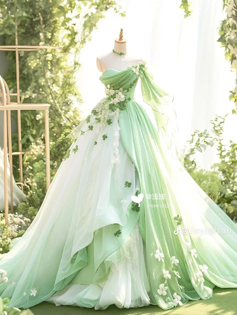 Disney Princess Dress Ideas, Spring Princess Dress, Green Fairytale Dress Wedding, Wedding Dress White And Green, Wedding Dress Emerald Green, Wedding Dress With Sage Green Accents, Wedding Dress Light Green, Sage Green Wedding Bridesmaid Dress, Clemence Core