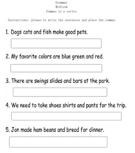 Comma Worksheets For Grade 1, Commas Worksheets 2nd Grade, Comma Worksheets, Commas In A Series, Writing Linear Equations, Punctuation Worksheets, Teaching Counting, Blends And Digraphs, Spelling Worksheets