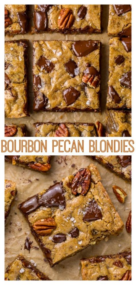 Chocolate Chunk Blondies, Bourbon Dessert, Brown Butter Bourbon, Pecan Blondies, Butter Bourbon, Blondie Dessert, Pecan Chocolate, Bourbon Recipes, Baker By Nature