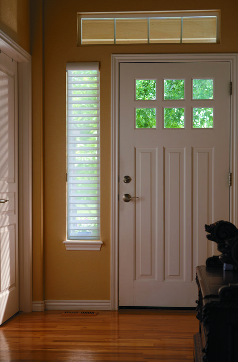 Sidelight Window Blinds, Entry Window Covering, Front Door Side Lights Window Treatments, Blinds For Sidelight Windows, Curtains For Sidelights Front Doors, Long Window Next To Front Door, Door Sidelights Coverings, Window Coverings For Front Door Entryway, Side Window Curtains