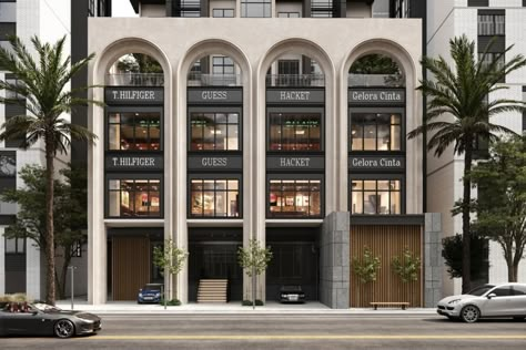 Commercial Buildings Facade, Comercial Building Exterior Design, Exterior Design Commercial Building, Elevation Design Commercial Building, Commercial Building With Apartment, Commercial Buildings Elevation, Classic Commercial Building Exterior, Shophouses Design Architecture, Commercial Buildings Exterior