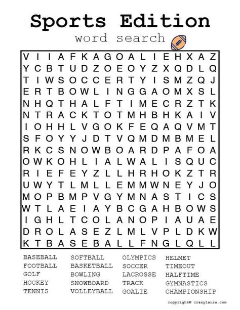 Looking for a fun & cheap way to spend quality time with the kids? Check out these free sports word search printable game sheets! Sports Word Search Printables, Fun Things To Print Out, Games On Paper, Sports Word Search, Word Searches For Kids, Word Search Free Printable, Games To Print, Easy Word Search, Crazy Laura