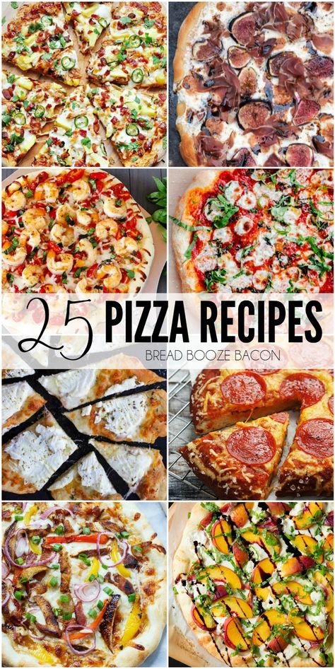 These 25 Pizza Recipes are oh so cheesy, and packed with incredible flavors that'll make you forget all about picking up the phone for takeout. #BreadBoozeBacon #pizza #cheese #dinner Pizza Toppings Combinations, Pizza Gourmet, Pizza Oven Recipes, Spicy Pizza, Bread Booze Bacon, Pizza Vegana, Unique Pizza, Pizza Roll, Best Homemade Pizza