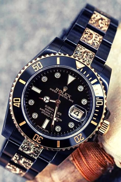 Rolex Submariner Leather, Rolex Submariner Gold, Custom Rolex, Black Rolex, Rolex Datejust Ii, Fancy Watches, Gold Rolex, Watches Rolex, Expensive Jewelry Luxury