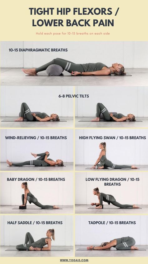 A Yin Yoga Sequence To Release Tight Hip Flexors - Yoga 15 Yin Yoga Sequence Lower Backs, Yin Yoga For Hamstrings, Yoga Poses To Help Your Back, Lower Back Yin Yoga, Happy Hips Yoga Sequence, Yin Yoga Hip Openers, Yin Hip Openers, Yoga For Sore Hips, Restorative Yoga For Hips