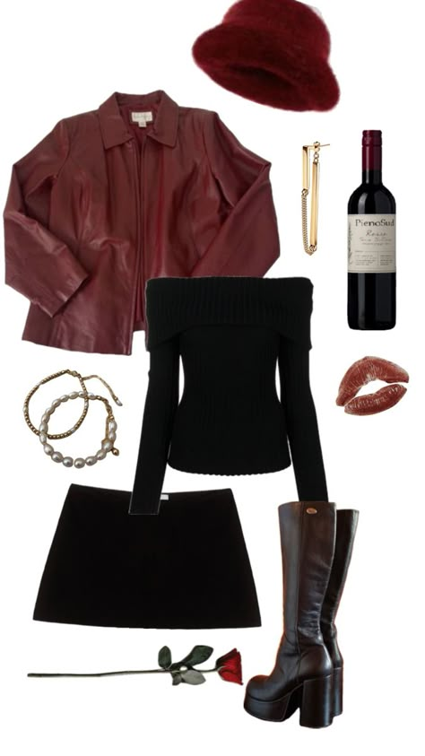 Adele Inspired Outfit, Black Red Gold Outfit, Leather Jacket Mini Skirt Outfit, Red Wine Outfit, Red Leather Skirt Outfit, Wine Red Jacket, Red Leather Jacket Outfit, Magazine Aesthetic, Aesthetics Fashion