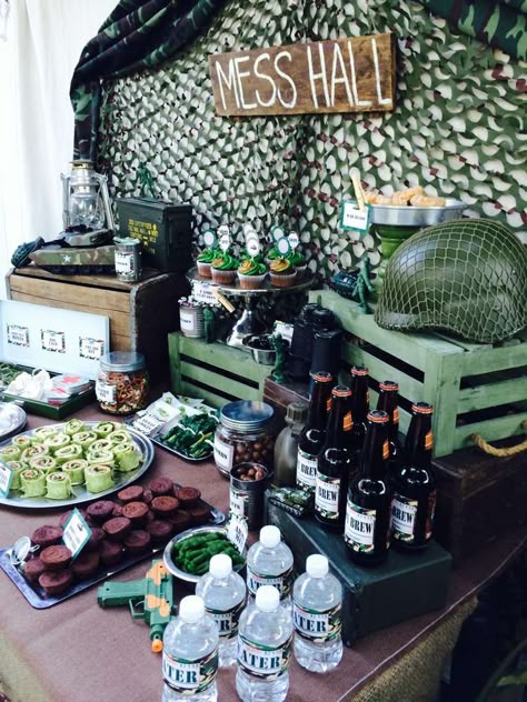 Black Ops Birthday Party, Army Party Snacks, Camouflage Theme Party, Army Food Party Ideas, Army Navy Game Party, Mess Hall Party Ideas, Modern Warfare Birthday Party, Camo Birthday Party Decorations, Army Birthday Party Food Ideas