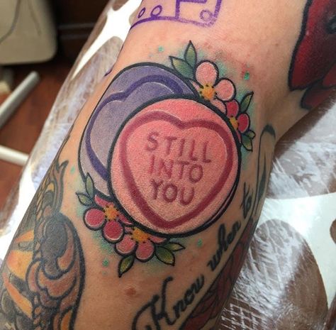 Love Hearts Candy, Paramore Tattoo, Emo Lyrics, Love Heart Tattoo, Candy Tattoo, Love Heart Sweets, Lyrics Tattoo, Sweet Tattoos, Cute Tiny Tattoos