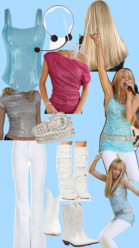 Hannah Montana Outfits Costumes Diy, Bop To The Top Tour Outfits, Hot Solo Halloween Costumes Women, Hanna Montana Costume Ideas, Hannah And Miley Halloween Costume, Gogo Boots Halloween Costume, Hannah Montana And Miley Costume, Hannah Montana Iconic Outfits, Hannah Montana Concert Outfits