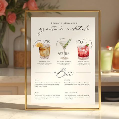 Cheers to a perfect union! Elevate your wedding celebration with our exquisite hand-painted watercolor his, ours and hers wedding signature cocktails and bar menu sign. We crafted a stunning display of his, hers and ours cocktails in watercolor, beautifully portrayed through delicate watercolors. Make a statement on your special day, adding elegance and whimsy to the festivities. Indulge your guests in an enchanting visual experience that will leave everyone captivated. Personalize with your wedding drink menu. Hand-painted watercolor drinks and design by Moodthology Papery. His And Her Wedding Drink Sign, His And Hers Drink Menu Wedding, His Her Drink Sign, Abstract Painting Wedding Guests, Signature Cocktail Menu Sign, His And Hers Specialty Cocktails, Alcohol At Wedding Receptions, Wedding Dessert Menu Sign, His Hers Wedding Cocktails