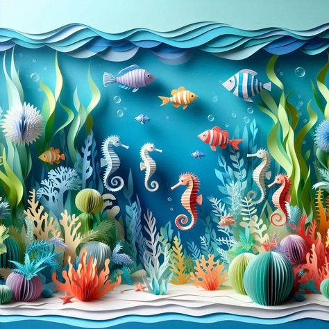 Ocean Diorama Project Under The Sea, Under The Sea 3d, Vbs Ocean Theme, Ocean Diorama, Ocean Projects, Construction Paper Crafts, Underwater Theme, Paper Cutout Art, Quilled Paper Art