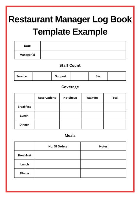 Restaurant Manager Log Book Template - Free Download Restaurant Hacks Tips, Restaurant Manager Checklist, Restaurant Planner, Restaurant Checklist, Log Book Template, Brewery Decor, Bar Manager, Restaurant Tips, Resort Design Plan