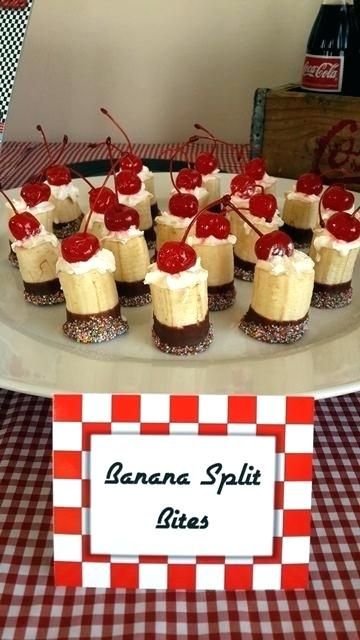 Banana Split Bites, The Banana Splits, Grease Party, 50s Theme, 50s Theme Parties, Sock Hop Party, Diner Party, 50s Prom, 50s Party