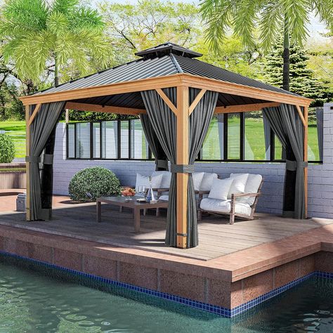 Amazon.com : HAPPATIO 12' x 12' Hardtop Gazebo, Outdoor Wood Grain Frame Aluminum Gazebo, Double Roof Permanent Patio Gazebo Canopy with Netting and Curtains for Garden, Patio, Lawns, Parties (Grey) : Patio, Lawn & Garden Outdoor Gazebo Ideas, Gazebo Lighting, Fun Backyard, Modern Gazebo, Gazebo Ideas, Aluminum Gazebo, Grey Patio, Outdoor Gazebo, Wooden Gazebo