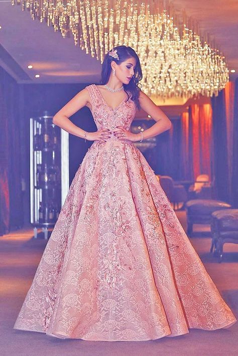 Engagement Dresses For Gorgeous Look ❤ See more: http://www.weddingforward.com/engagement-dresses/ #weddings Engagement Dress For Bride, Engagement Gown, Pink Evening Gowns, Reception Gowns, Engagement Gowns, Flower Prom Dress, Indian Wedding Gowns, Reception Gown, Pink Gown